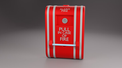 3d render Fire alarm system illustration. Pull danger fire safety box. Break red alarm equipment detector with dark gray background