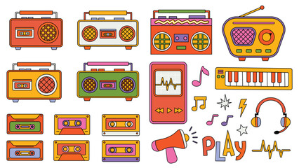 Set of trendy hipster retro music elements. Collection stickers of groovy retrowave clipart. Collage with trend pop vibe with funky design element. background sticker emblem of cartoon vector