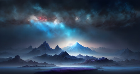 Fototapeta na wymiar AI Digital Illustration Mystical Landscape With Cosmic Skies