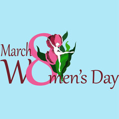 March 8th women's day greeting card on blue