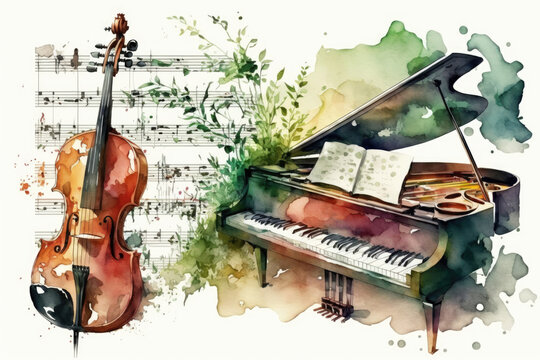 watercolor painting of piano and violin, Generative AI