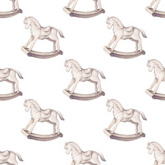 Vintage watercolor seamless pattern with white toy rocking horse Isolated on white background. © Elizaveta