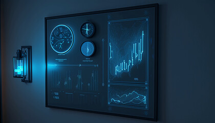  Wall of the future with holographic blue screens displaying stocks, data charts, medicine of the future, business of the future. Generative AI.