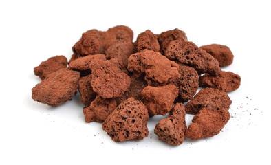Porous brown volcanic rock isolated on white background. Lava stone, pumice stone