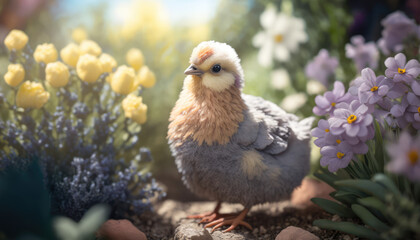 "Easter Chicken in a Spring Garden" - a charming wallpaper background featuring an image of a cute Easter chicken surrounded by blooming flowers and lush greenery