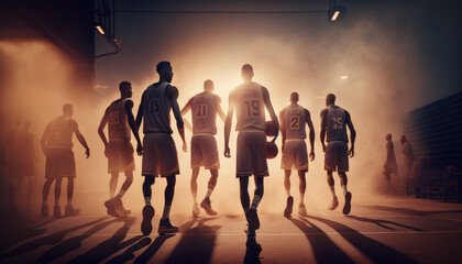 Basketball team on the basketball court at sunset created with generative AI technology