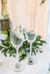 Champagne glasses, wedding table setting for wedding buffet reception banquet