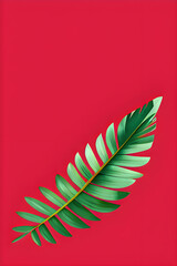Green tropical leaf on red background with empty space. Generative AI