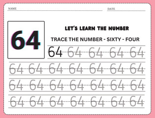 Trace and write the number 64. Handwriting practice. Learning numbers for kids. Education developing worksheet. Activity page. 