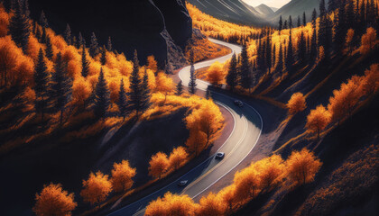 Aerial view of road in colorful forest at sunset in autumn. Top view from drone of mountain road in woods. Beautiful landscape with roadway, blue sky, Generative AI