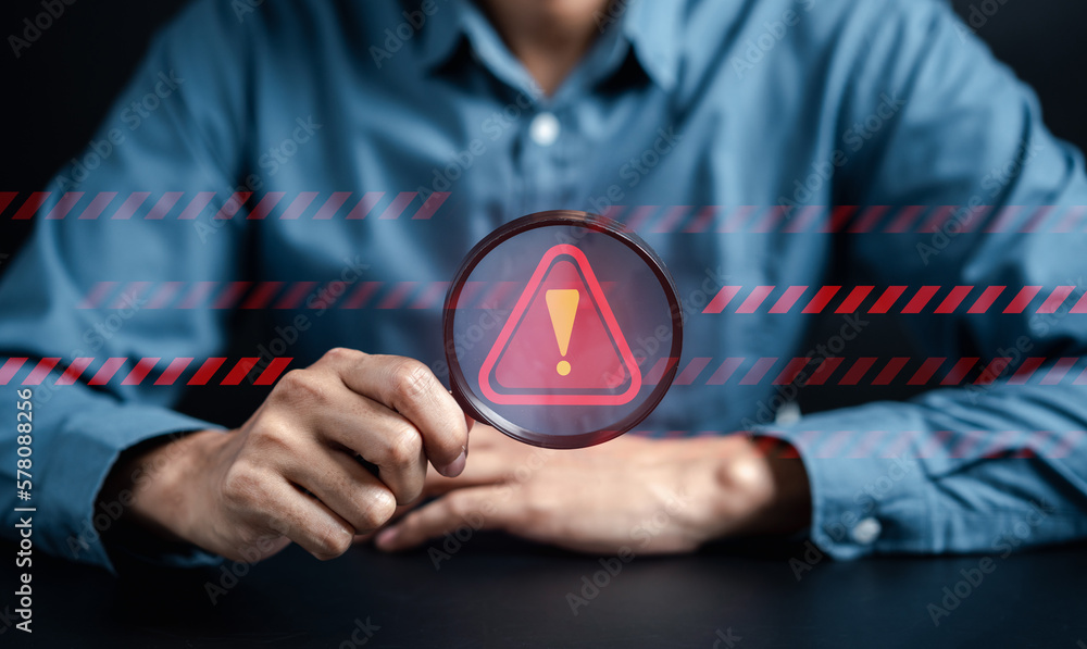 Poster System warning caution sign for notification error and maintenance concept. cyber attack on computer network. Cybersecurity vulnerability, data breach, illegal connection, compromised information.