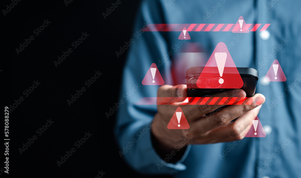 Aufkleber System warning caution sign on smartphone, scam virus attack on firewall for notification error and maintenance. Network security vulnerability, data breach, illegal connection and information danger.