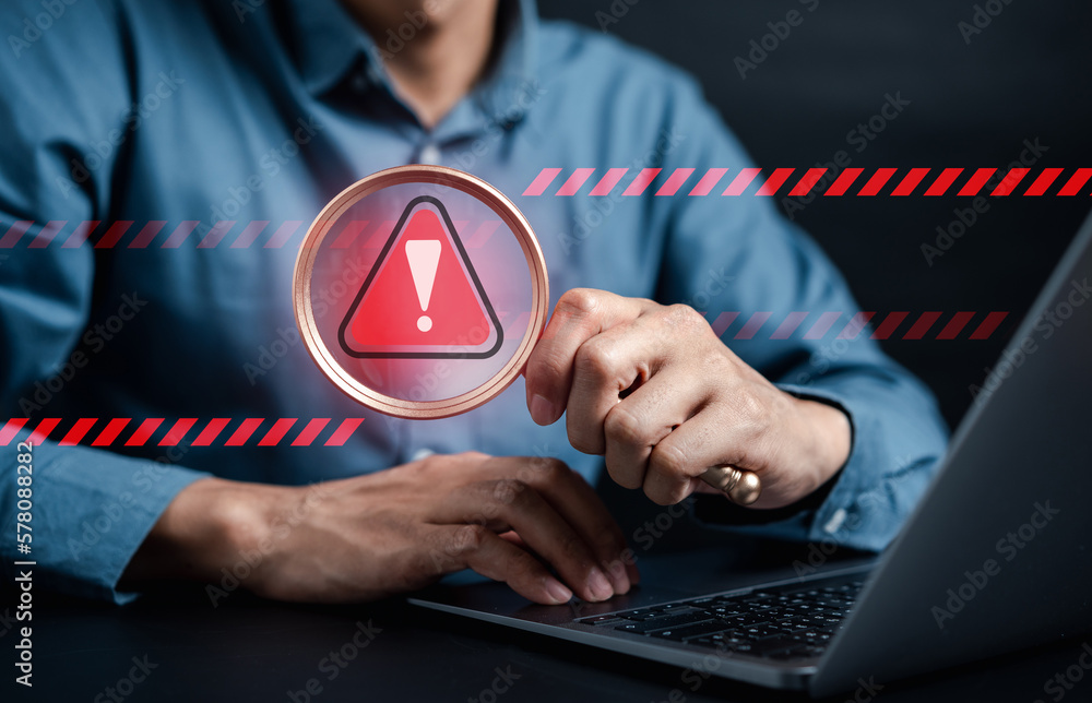 Aufkleber System warning caution sign for notification error and maintenance concept. cyber attack on computer network. Cybersecurity vulnerability, data breach, illegal connection, compromised information.