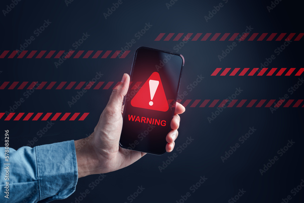 Aufkleber System warning caution sign on smartphone, scam virus attack on firewall for notification error and maintenance. Network security vulnerability, data breach, illegal connection and information danger.