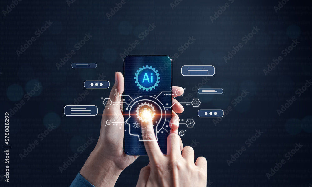 Poster Robot or Chatbot in smartphone intelligence Ai. Chat with AI Artificial Intelligence, developed by OpenAI generate. Futuristic technology, robot in online system...
