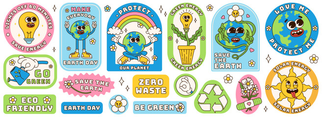 Save the planet sticker set in trendy groovy style. Earth Day. Funny vector earth character and mascot. Eco friendly conception. Vector illustration.