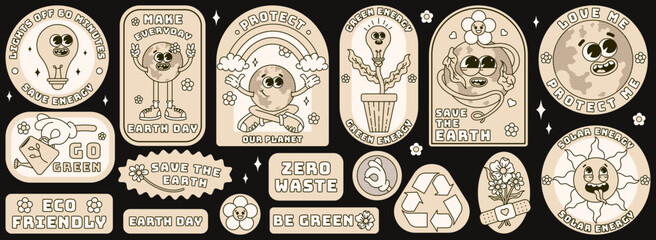 Save the planet sticker set in trendy groovy style. Monochrome palette. Earth Day. Funny vector earth character and mascot. Eco friendly conception. Vector illustration.