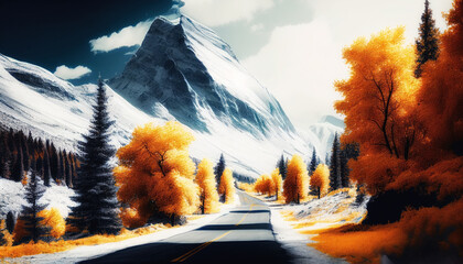 Snowy road in mountains. Autumn trees. Beautiful landscape. Generative AI.