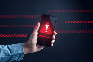 System warning caution sign on smartphone, scam virus attack on firewall for notification error and...