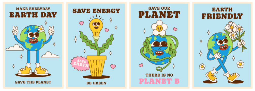 Save the planet poster set in trendy groovy style. Earth Day. Earth friendly. Save energy. Funny vector earth character and mascot. Eco friendly conception. Vector illustration.