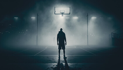 Basketball player looking at the basket at night created with generative AI technology