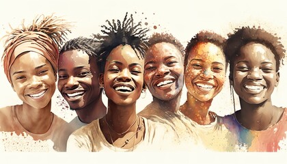 Group of happy young african people. Charity donation and volunteer work. International Volunteers day, week. Support and assistance, diversity, multicultural. Watercolor illustration. Generative AI - obrazy, fototapety, plakaty