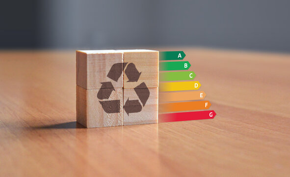 EPC energy performance certificate illustration with wooden blocks displaying save energy symbol with energy ratings from A to F
