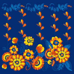 Traditional Ukrainian painting of Petrykivka. Elements of blue and yellow floral ornament. Decorative composition for the background. Repeating pattern.