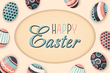 Happy easter greeting card. Festive dyed eggs decorated different abstract pattern. Holiday seasonal religious symbol with hand draw colorfull ornaments pattern. Vector flat illustration