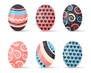 Set of color abstract Easter eggs isolated on white background. Holiday seasonal symbol with color ornaments. Festive dyed egg decorated. Vector flat illustration for religious holiday, card