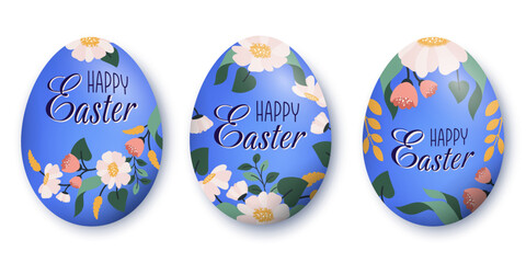 Happy easter. Set of blue floral Easter eggs isolated. Holiday seasonal religious symbol with flower ornament for spring holiday. Festive dyed egg decorated flower pattern. Vector flat illustration