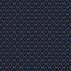 Abstract geometric pattern background with quatrefoil shapes texture. Blue and gold seamless grid lines. Simple geometry minimalistic pattern