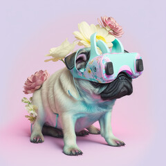 Fashionable pug dog wearing a VR headset. Decorated with flowers.