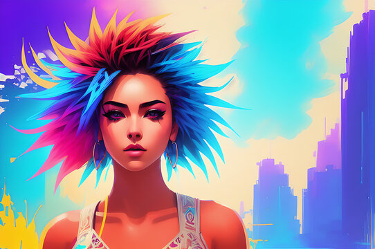 Female cyberpunk portrait, a woman with a tattoo, and colorful hair. Generative AI.