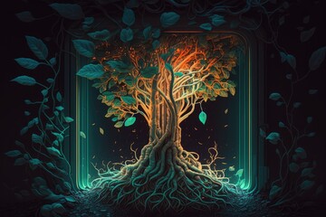 Neon glow of deep tree roots. Illustration. Generative AI