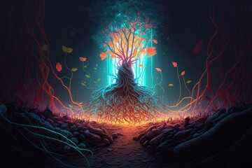 Tree with neon glow of deep roots. Illustration. Generative AI