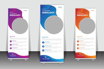 Modern Corporate Business Rollup Banner Template for business advertisement in 3 different color options.