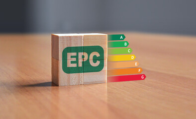 EPC energy performance certificate illustration with wooden blocks displaying a epc symbol with energy ratings from A to F