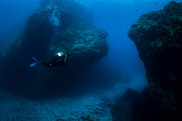 Fototapeta na wymiar Female Scuba diver diving in the Canary Islands in Tenerife at Cala Amarilla