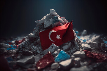 Turkish Flag amidst earthquake rubble - Symbol of Resilience and Unity