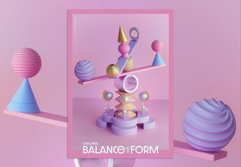 Colorful 3D Abstract Poster Layout with Balancing Sculptures