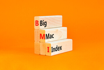 BMI big mac index symbol. Concept words BMI big mac index on wooden blocks on a beautiful orange table orange background. Business and BMI big mac index concept. Copy space.