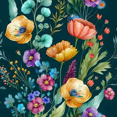 Vintage watercolor Flowers pattern, pastel colors illustration, Generative AI