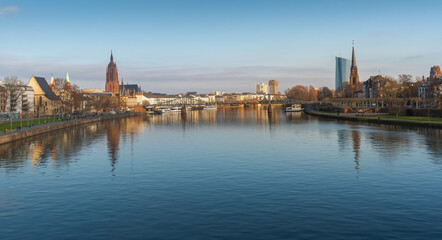 Panoramic view of River Main Skyline with Dreikonigskirche Church and Frankfurt Cathedral - Frankfurt, Germany