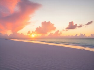 Fototapeta na wymiar Sunset over the white sand beach with pinky clouds | Generative AI