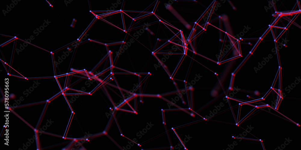 Poster glitch network connection technology. abstract blue and red destorted structure backdrop with points