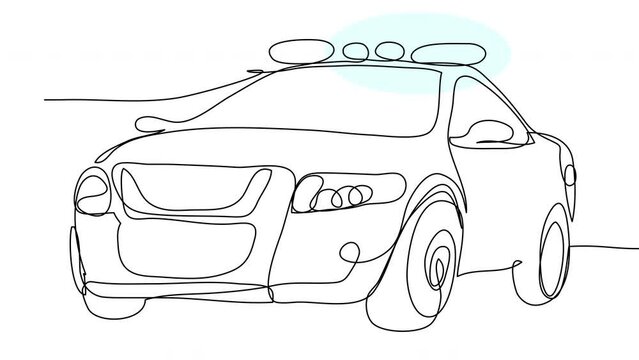Self-drawing of police car with single line flashing lights on white screen. Conceptual animation of law enforcement and law enforcement officers. Stock 4k whiteboard video with alpha channel.