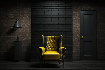 Old vintage interior with yellow leather armchair. generative ai
