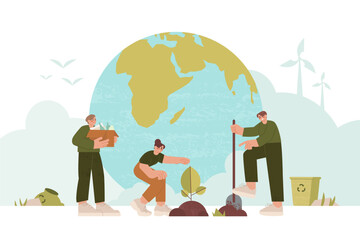 People take care about planet ecology. Concept of environmental protection and nature care. Young characters planting trees, recycling waste. Human protect and save earth flat vector illustration.