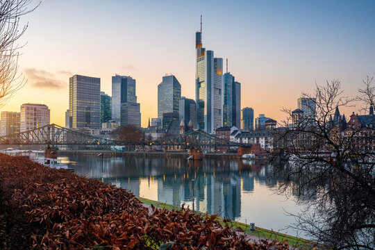 Sunset skyline at autumn with modern buildings - Frankfurt, Germany